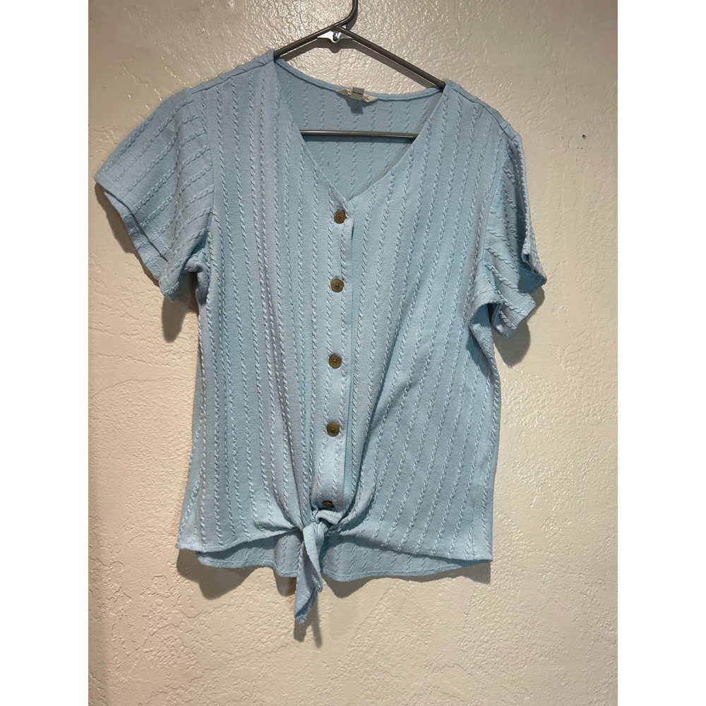 Weatherproof Vintage Womens Light Blue Cable Knit Tie Front Button Top Small